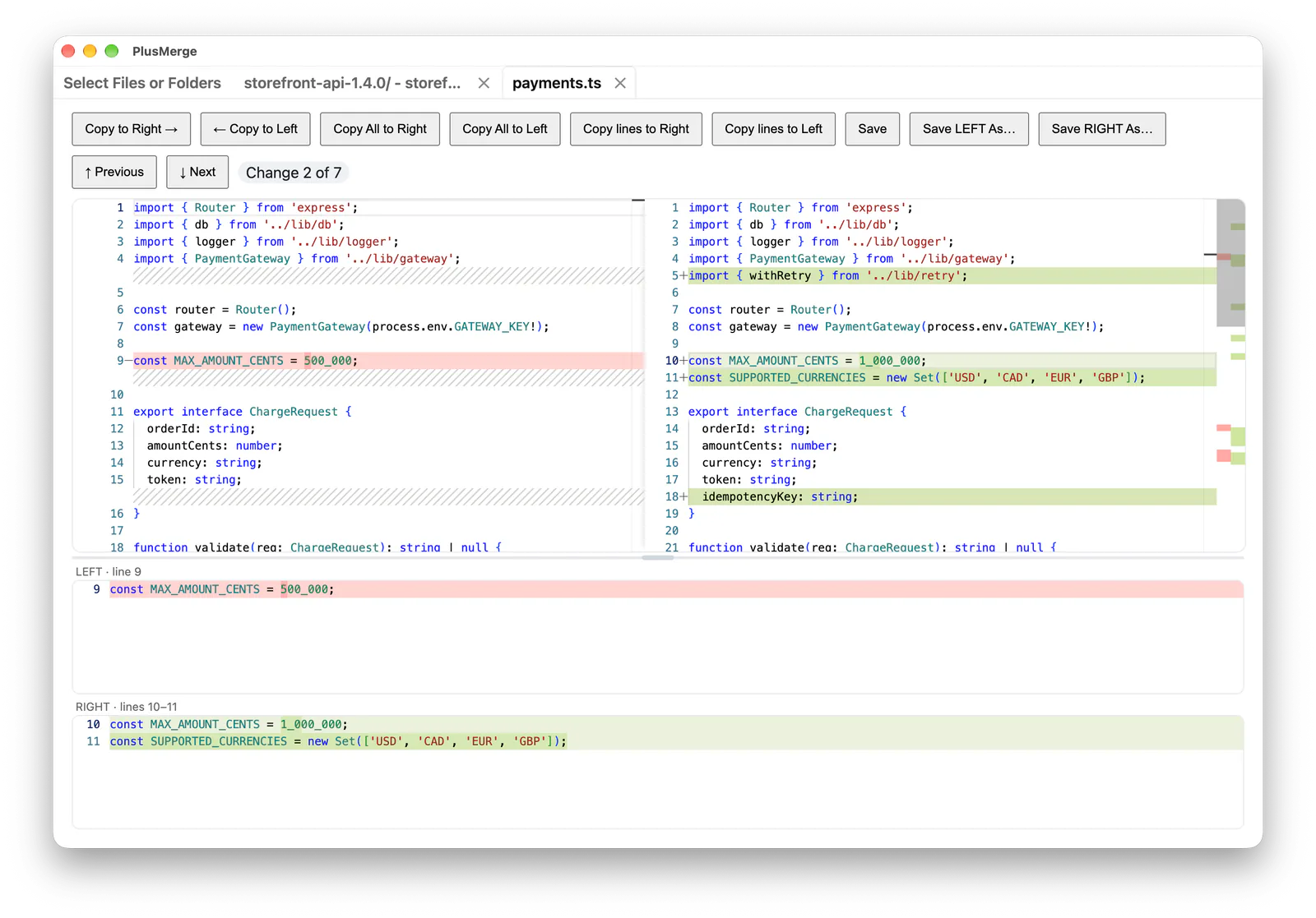 PlusMerge comparing two versions of payments.ts side by side. Change 2 of 7 is selected and the detail pane shows the changed lines from each side. Shown on macOS.