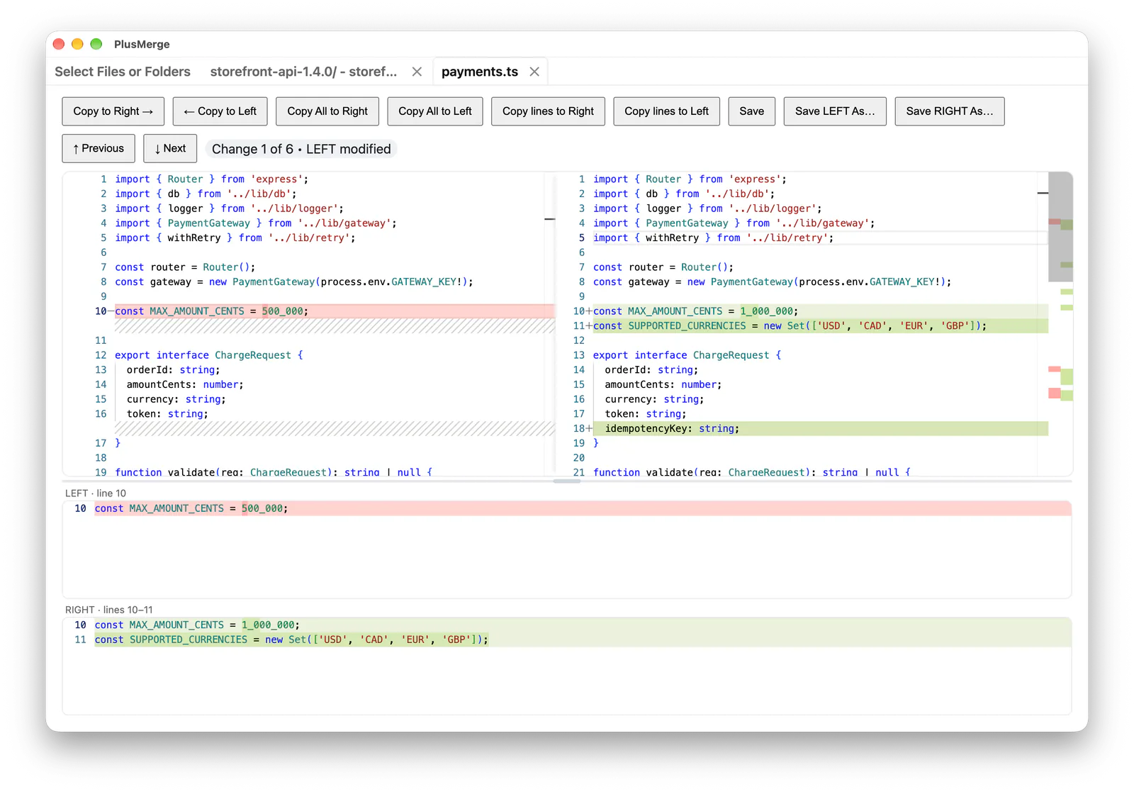 The same diff after copying a new import line to the left. The status reads “Change 1 of 6, LEFT modified”. Shown on macOS.