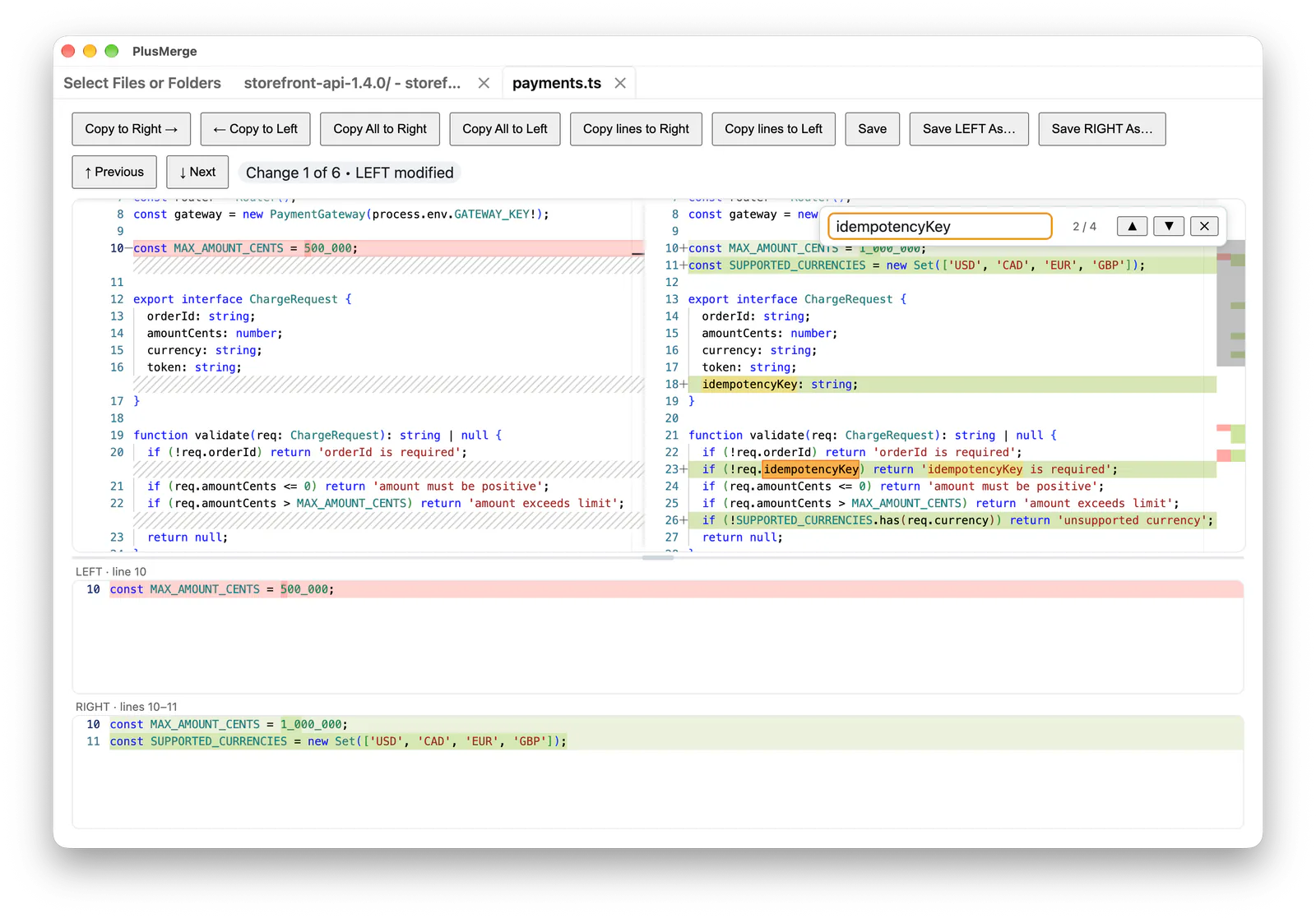 The find bar searching the diff for “idempotencyKey”, with match 2 of 4 highlighted. Shown on macOS.