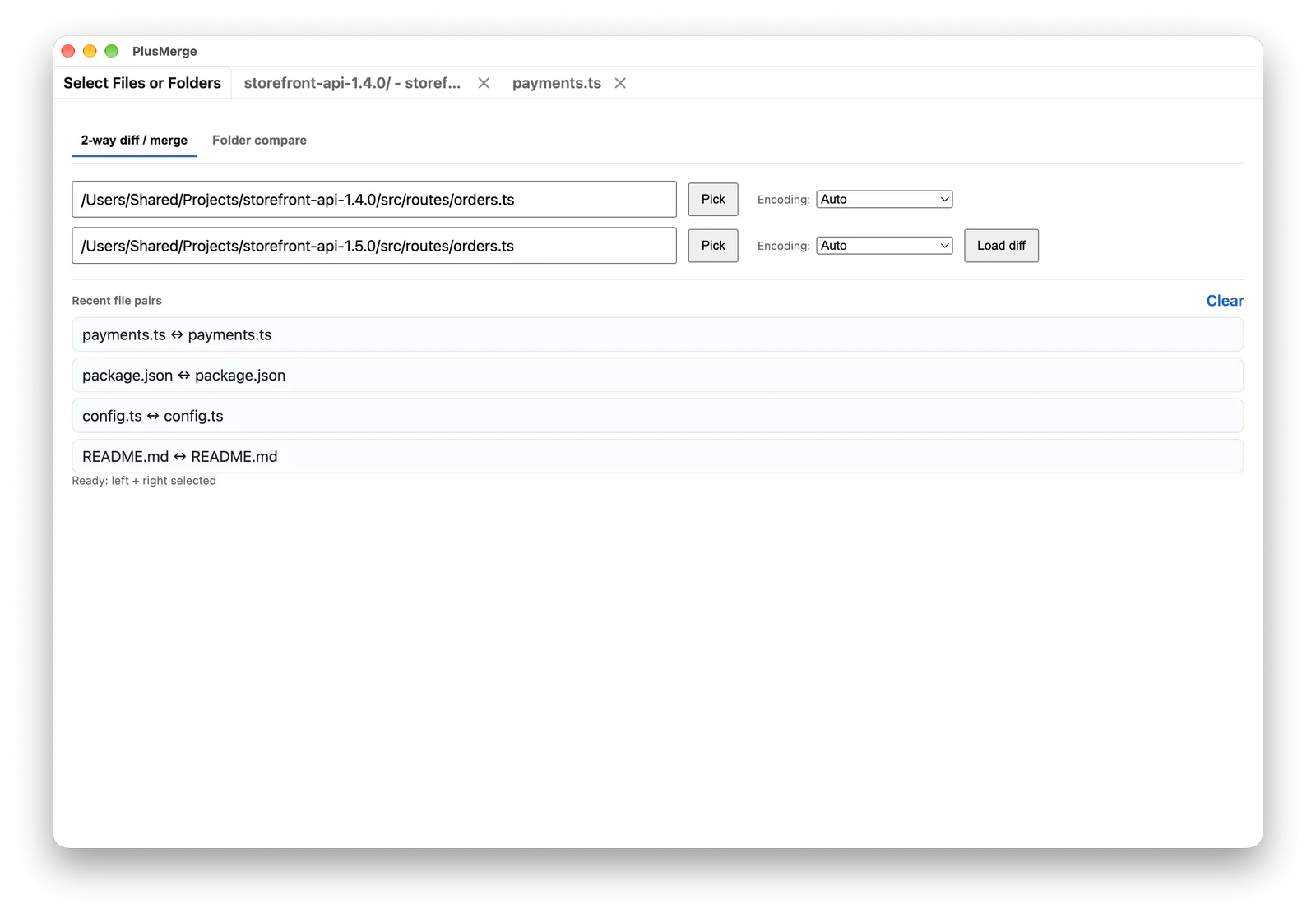 The start screen on “2-way diff / merge”, with two file paths filled in, encoding pickers set to Auto and four recent file pairs listed. Shown on macOS.