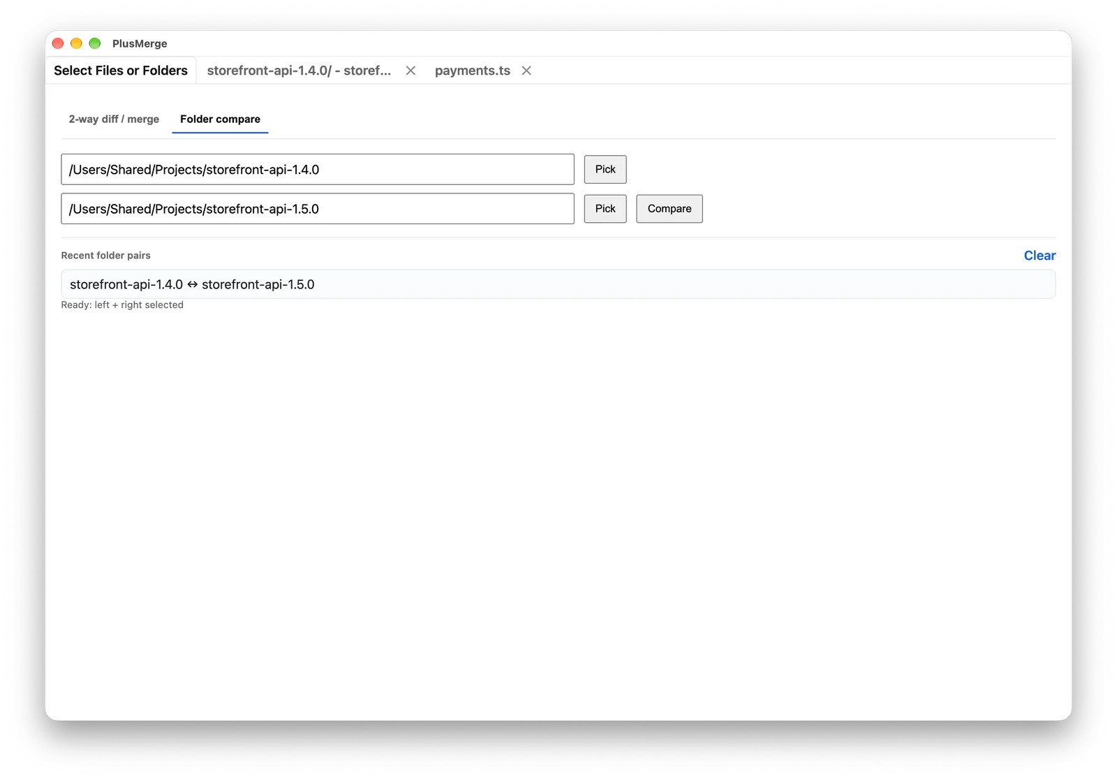 The start screen on “Folder compare”, with two folder paths filled in and a recent folder pair listed. Shown on macOS.